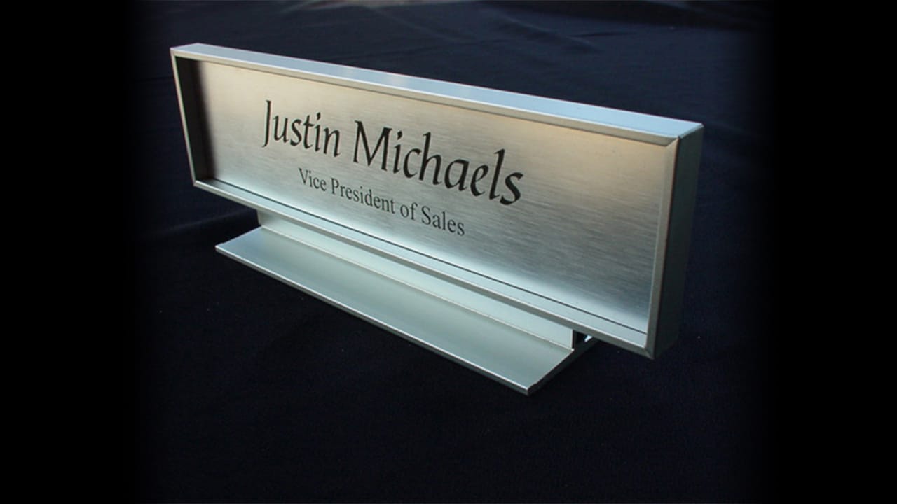 Microsurface Plastic Laser Engraved Name Plate with Faux Metallic Aluminum Finish